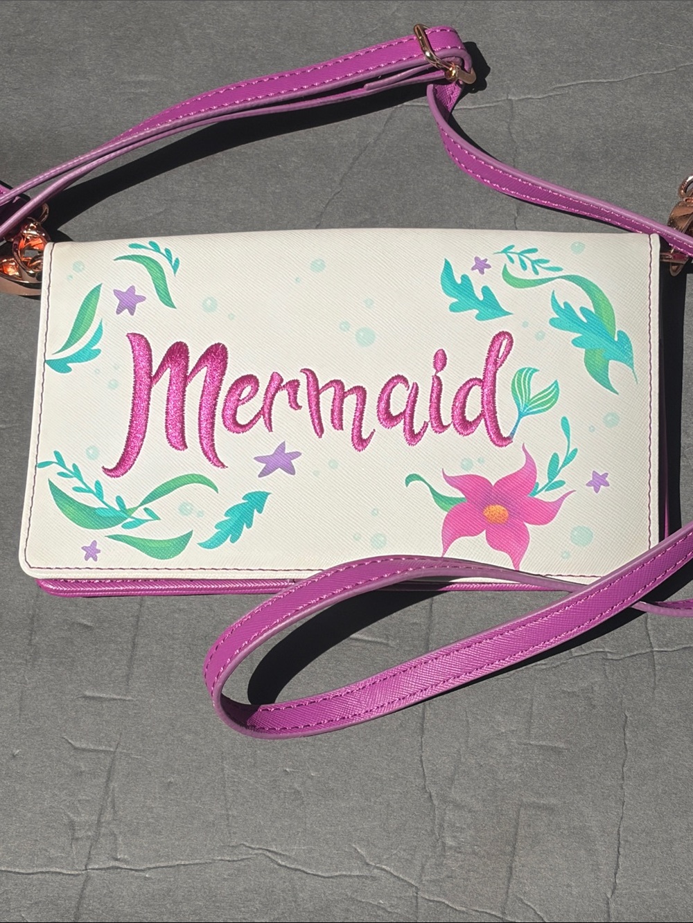 Disney Mermaid Floral Crossbody Bag - Pink, White & Teal embroidered logo